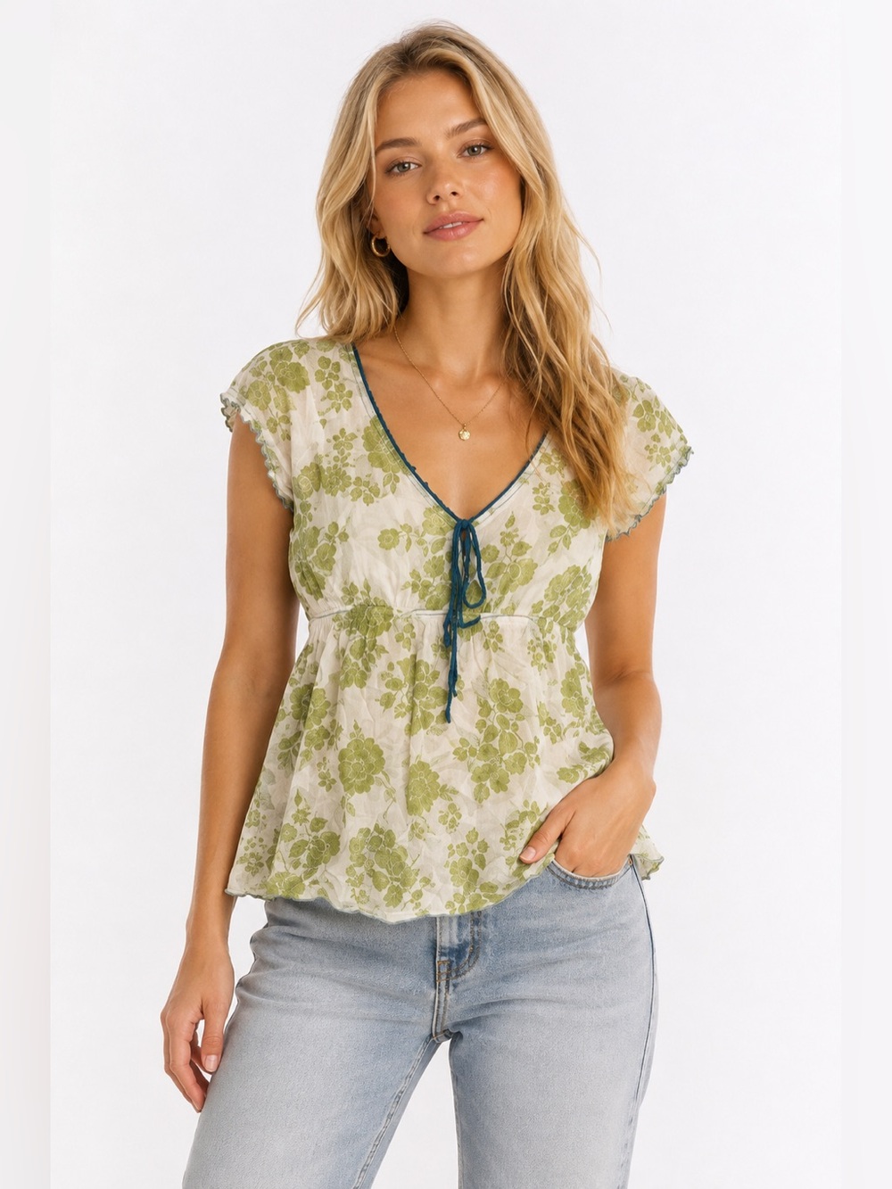Y2K Lucky Brand Womens XS Green Floral V-Neck Cotton Blouse